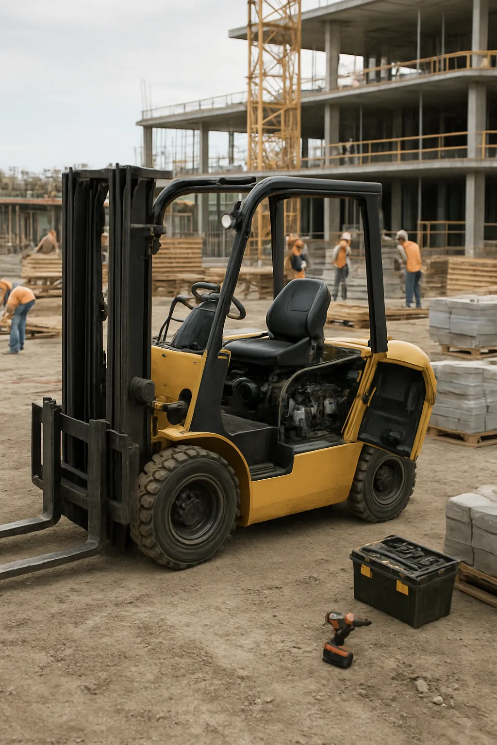 Idle construction forklift causing project delays and equipment downtime