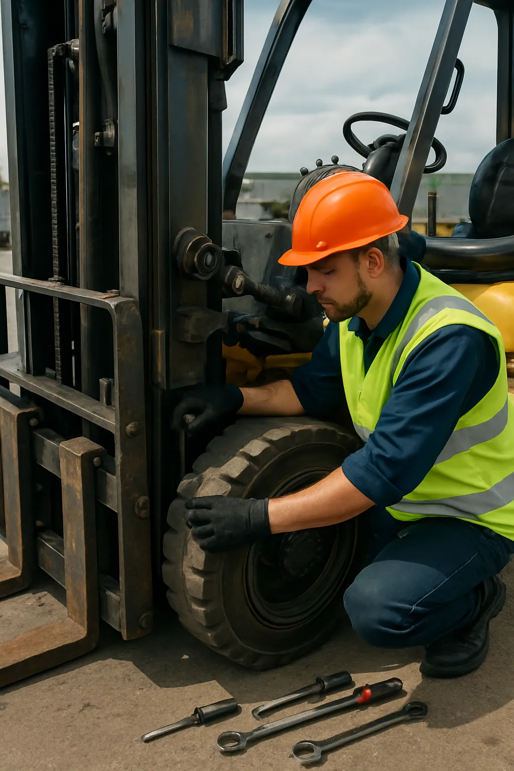 Technician inspecting hydraulic, mast, tire, and steering components on a construction forklift