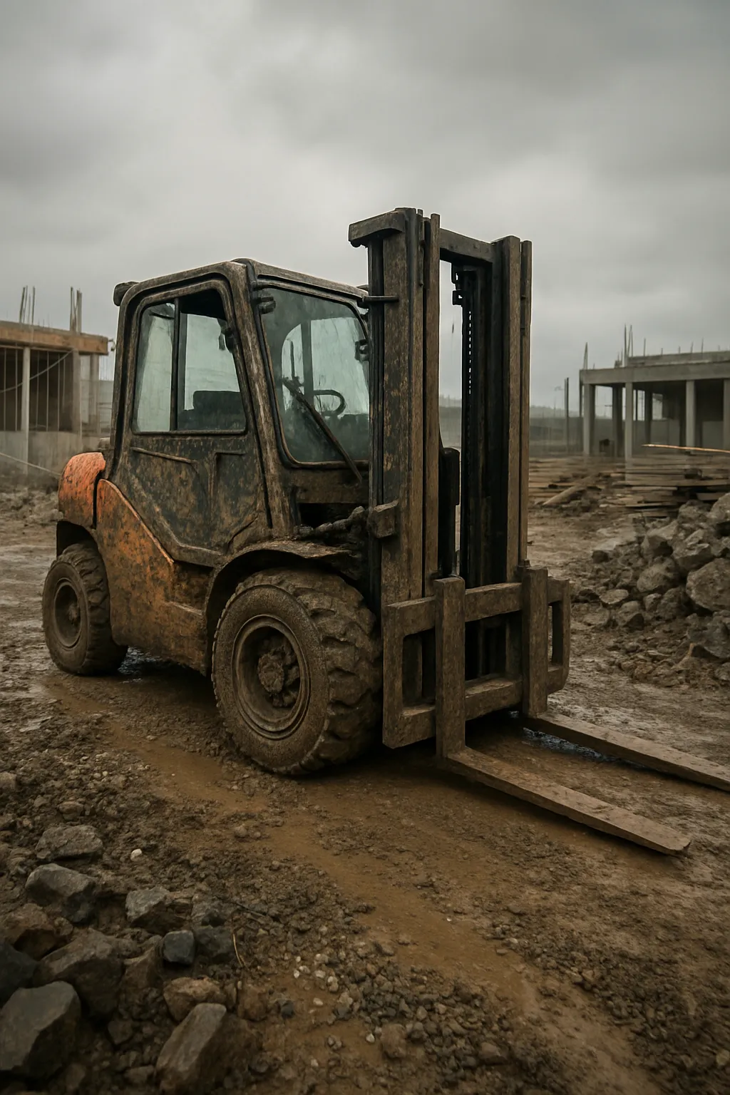 Construction forklift operating in mud, dust, and uneven outdoor terrain
