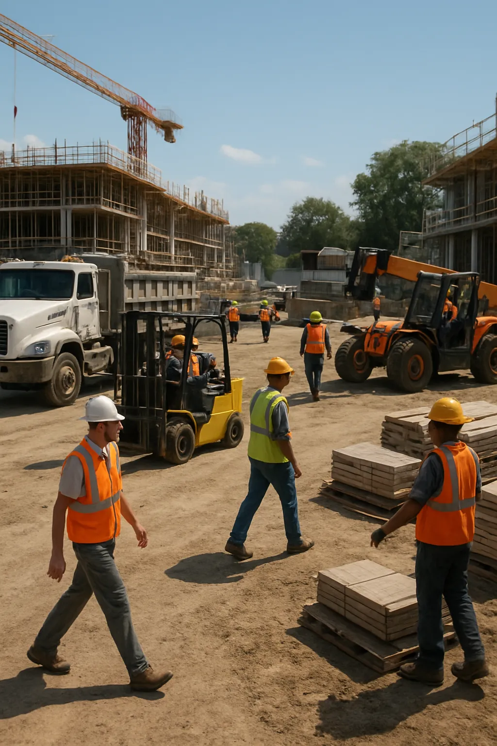 Construction workers and forklifts sharing a busy active work site