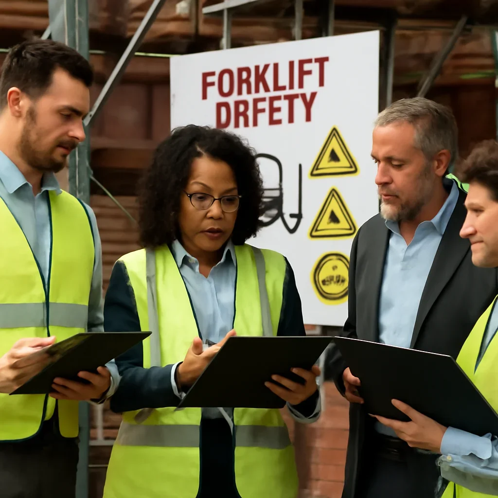 Team reviewing records related to frequently asked questions about forklift safety and compliance