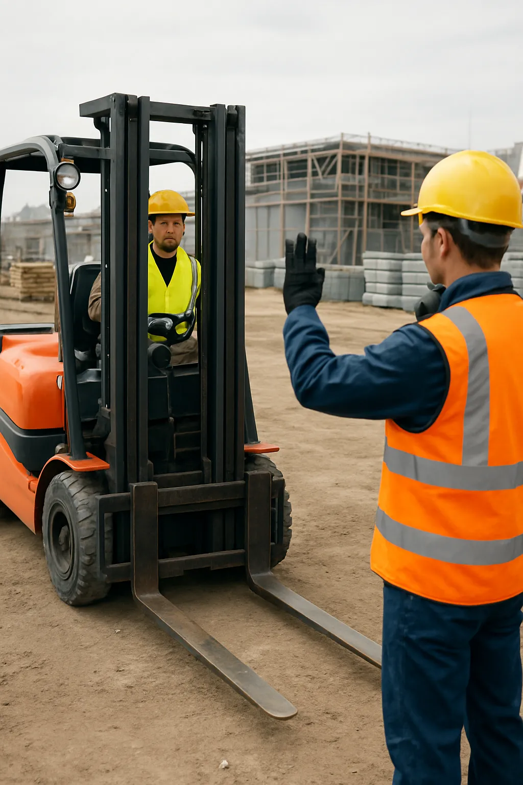 Forklift operator and ground worker using clear communication and eye contact