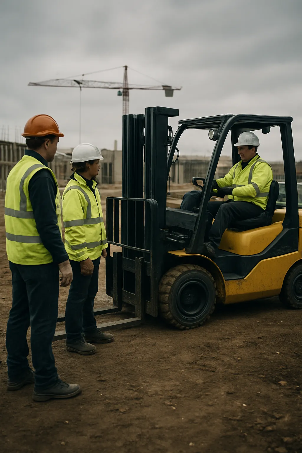 Construction workers wearing high-visibility clothing near an operating forklift
