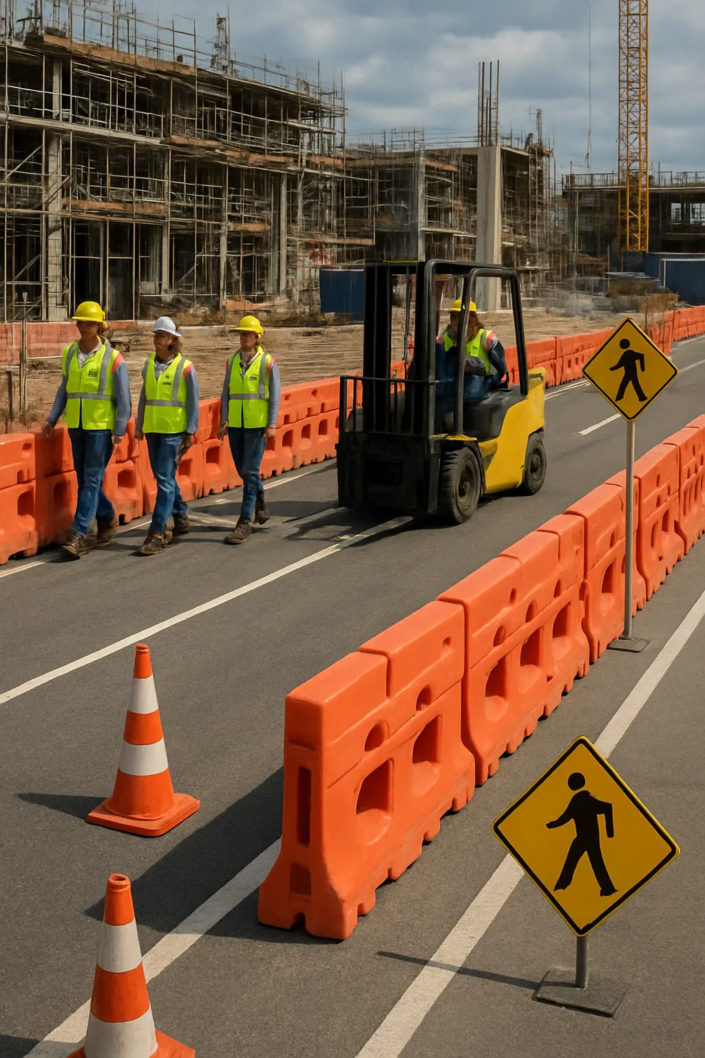 Clearly marked pedestrian walkways separated from forklift travel lanes on a construction site