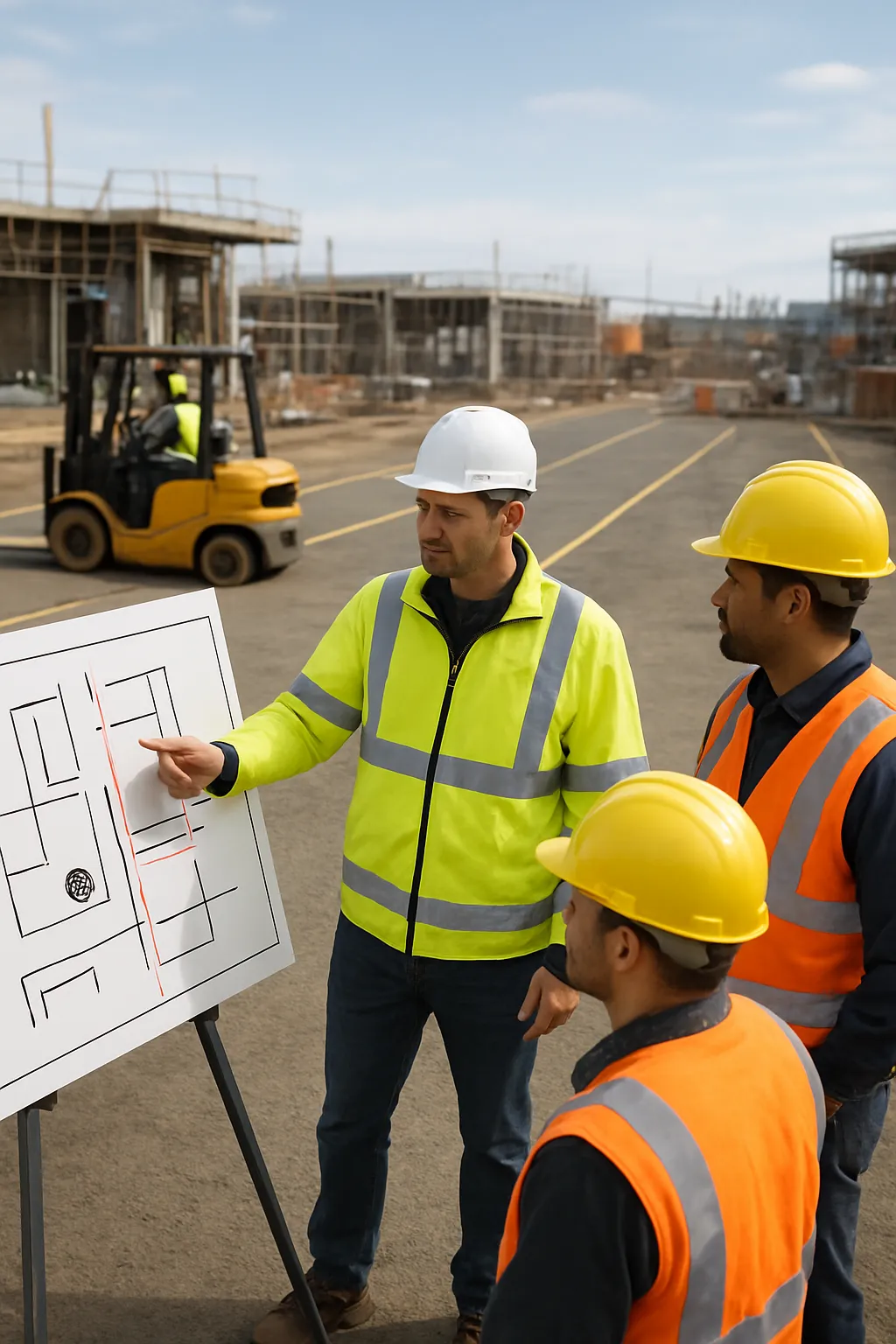 Construction safety team reviewing pedestrian and forklift traffic procedures