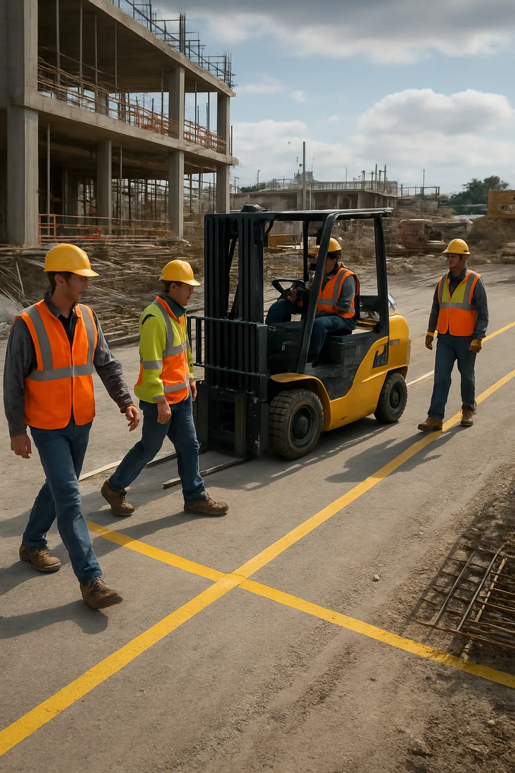 Forklift operator and construction workers following pedestrian safety procedures on an active work site