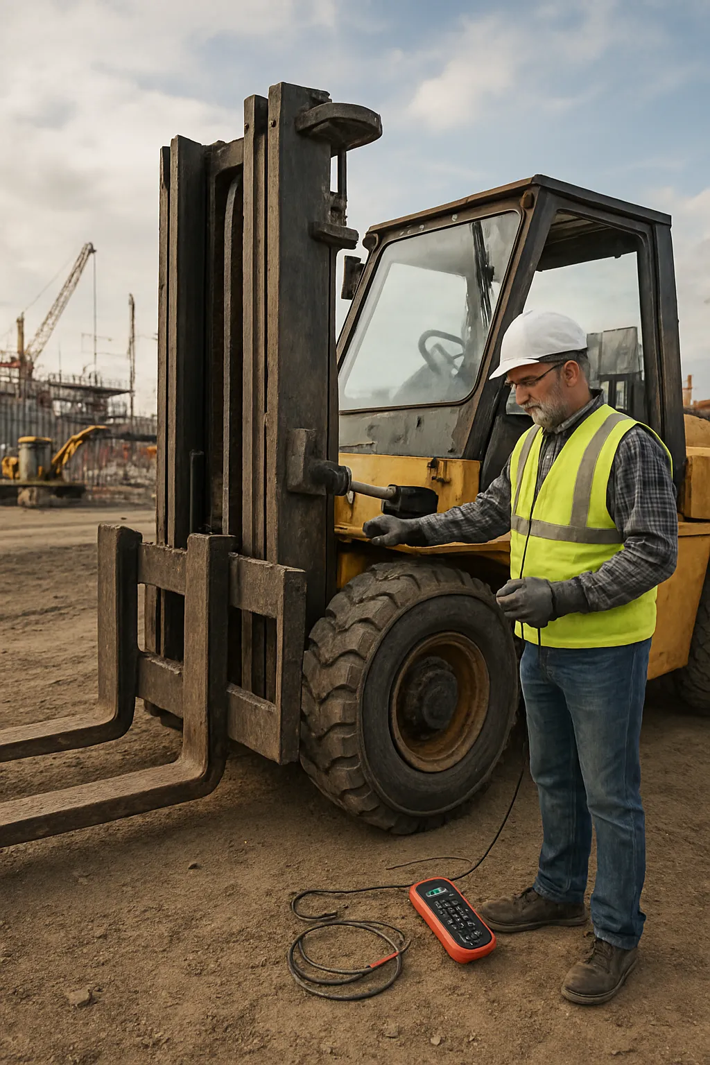 Construction forklift being inspected to determine whether it should be repaired or replaced